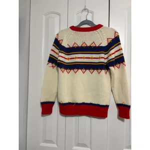 Vintage Sweater Fair Isle Retro Cream Red Blue Geometric Knit Small thumbnail 5
