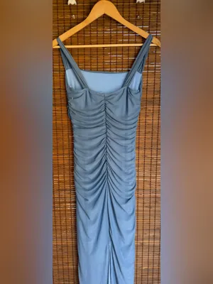 Lulus Amazing Presence Slate Blue Mesh Ruched Maxi Dress NWOT Small $79 thumbnail 10