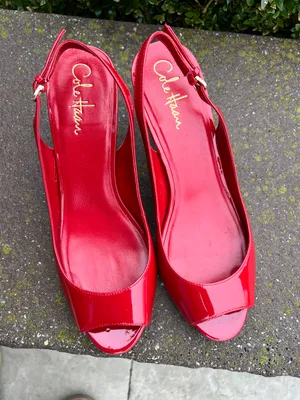 Cole Haan Patent Leather red peep toe kitten heels thumbnail 4
