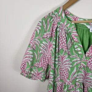 Crown Ivy Dress Sz‎ S Pineapple Green Cottage Tiered Tropical Puff Short thumbnail 5