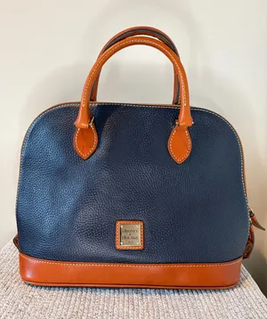 Dooney & Bourke Pebbled Leather Dome Satchel Bag Navy Blue Brown Trim thumbnail 1