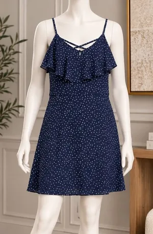 Three Pink Hearts Women Dress Navy Blue Polka Dot Ruffle Strappy Size XL thumbnail 1