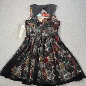 CHORD Juniors Size 7 Black Multi-Color Floral Lace Sleeveless Fit & Flare Dress thumbnail 12