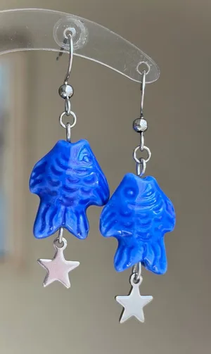 Handmade unique funky cute blue ceramic fish & star dangle earrings ⭐️🐟💕 thumbnail 1