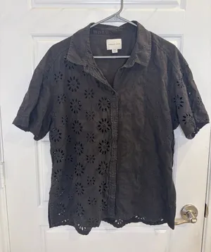 American Eagle Black Eyelet Embroidered Button Front Camp Shirt Large thumbnail 1