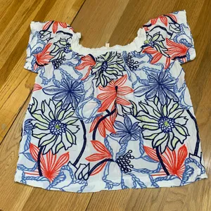 Skies‎ Are Blue Women Medium Floral Embroidered Smocked Blouse White Blue 36870 thumbnail 4