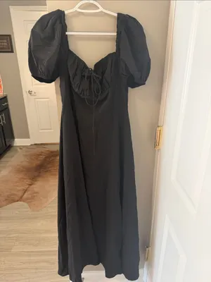 $69 NWOT Marthea Puff Sleeve Tie Front Off Shoulder Slit Thigh Dress - Black M thumbnail 7