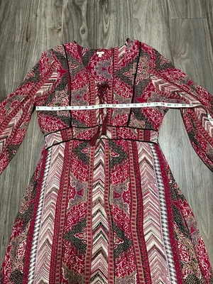 Reba Red & Brown Boho Tie-Front Long-Sleeve Midi Dress thumbnail 10