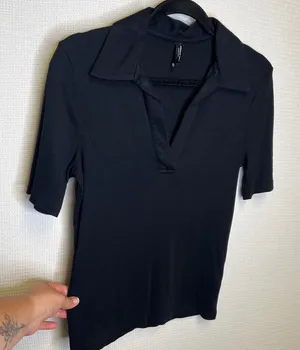 American Giant Women Black Ribbed V-Neck Polo Short Sleeve Shirt Size M thumbnail 1