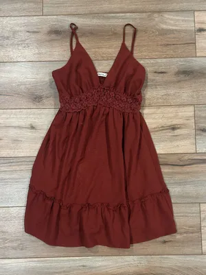 LIBERTY LOVE Rust Boho Western Ruffle Crochet Babydoll Mini Dress | Size Medium thumbnail 1
