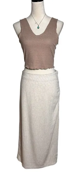 Miou Muse Linen Blend Ruched Midi Skirt M‎ Striped Minimalist Neutral Old Money thumbnail 1
