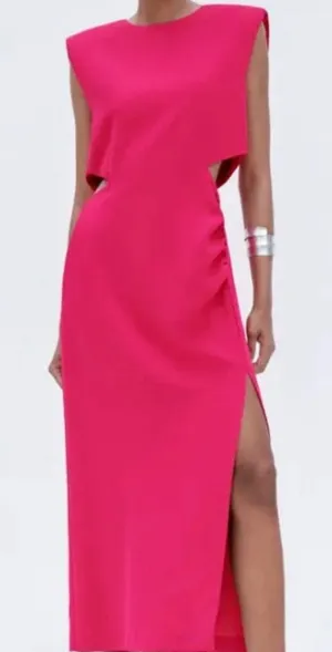 Zara Womens Pink Padded Shoulder Cut Out Side Slit Maxi Dress XS thumbnail 1