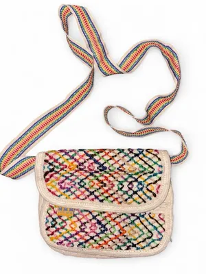 Cream Multicolor Woven Crossbody Bag with Rainbow Strap Pink thumbnail 1