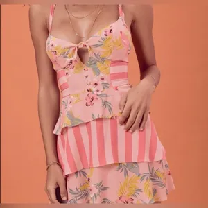 Final Price NWT For Love And Lemons Pink Floral & Stripe Tropical Dress thumbnail 3