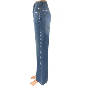 Women's Blue Studded Medium Wash High Waist Flared Bootcut Denim Jeans Pants 28 thumbnail 2