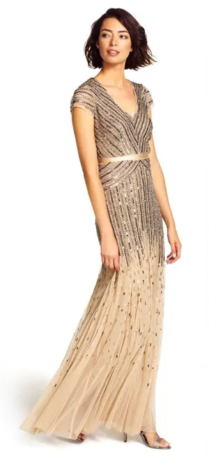 NWT Adrianna Papell Long Beaded‎ V-Neck Gown w/ Cap Sleeves & Waistband – Size 6 thumbnail 1