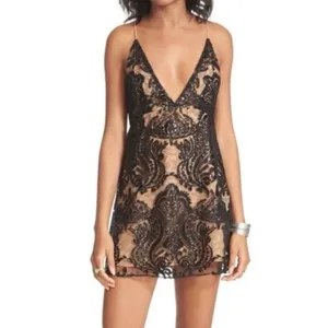 Free People Night‎ Shimmers Mini Dress 6 Black Nude Sequin Lace Party Cocktail thumbnail 2