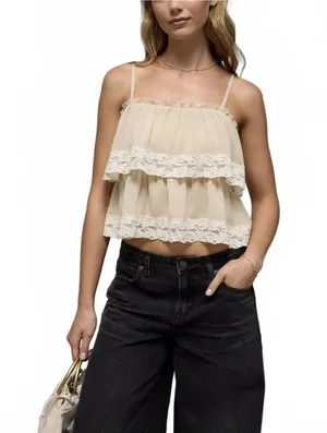 AE Chiffon Tiered Ruffle Tank Top American Eagle NWT Light Khaki Large thumbnail 1