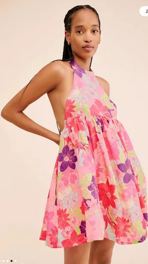 Free People Pink Multi color Passion flower Halter Mini babydoll Dress thumbnail 4