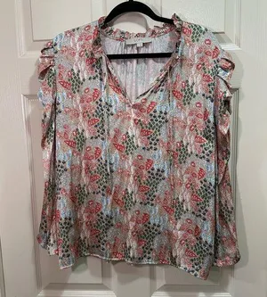 LOFT Garden Cinched Sleeve Ruffle Tie Neck Women’s XL Top Tan thumbnail 1