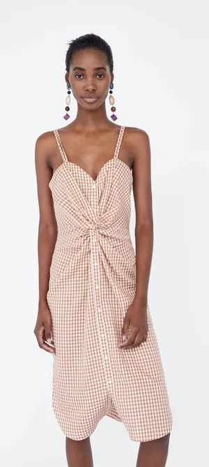 Zara Gingham Knot Midi Dress, Soft Orange and White Size Medium thumbnail 1