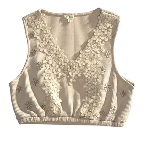POL Women's Beige Waffle Knit Floral Embroidered Cropped Vest thumbnail 3