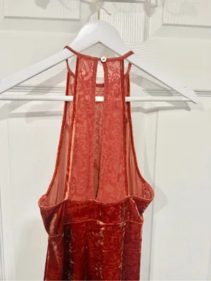 Intimately Free People XS Rust Crushed Velvet Halter Mesh Slip Mini Dress Boho thumbnail 6