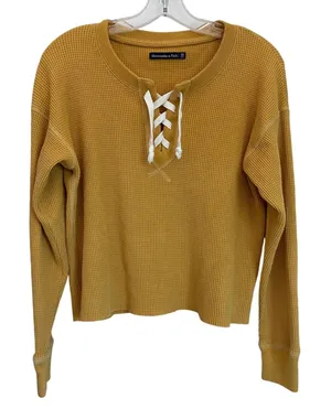 Abercrombie & Fitch XS Mustard Yellow Waffle Knit Lace‎ Up Thermal Top Henley thumbnail 1