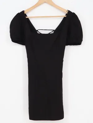 Zara Black Puff Sleeve Lace Up Back Mini Dress Square Neck Linen Blend Size M thumbnail 1