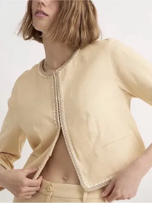 J. Crew Linen Cropped Lady Jacket Raffia Blazer in Buff Clay Beige Size 16 thumbnail 2