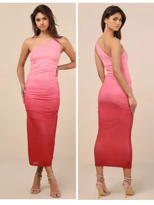 Lulus Beautiful Perception Pink Ombre One-Shoulder Mesh Midi Dress Size Small thumbnail 2