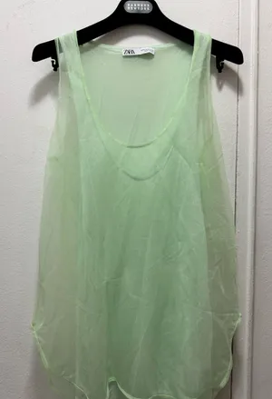 ZARA Light Mint Sheer Layered Tank Top thumbnail 1