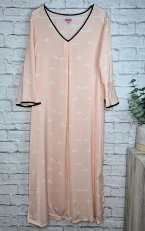 Kate Spade New York Swan Print Caftan Maxi Dress Lounge Nightgown Pink L/XL thumbnail 1