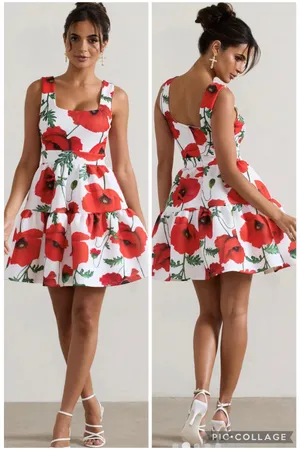 NEW Club L London ALIA Poppy Print Scoop-Neck Tiered Volume Hem Mini Dress US 4 thumbnail 2