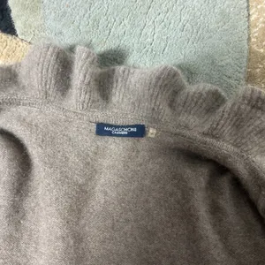 Magaschoni Ruffle Trim Cashmere‎ Cardigan Womens Brown Open Front Knit Hole thumbnail 2