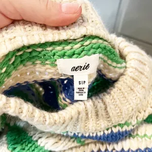 Aerie Long Sleeve Crewneck Chunky Knit Sweater Tan Green Blue Small thumbnail 3