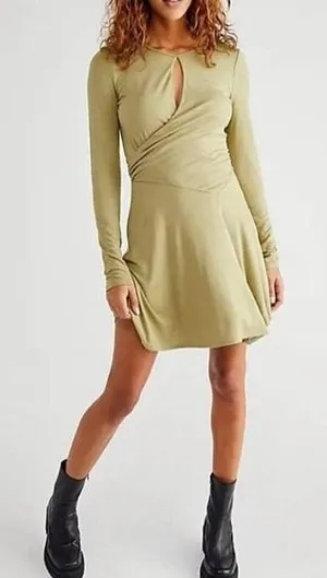 Free People FP Beach Vance Mini Dress S Green Wrap Keyhole Knit Long Sleeve thumbnail 1