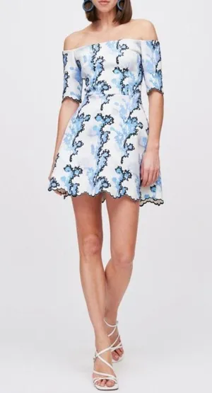 Cynthia Rowley Off-The-Shoulder Blue Ivory Fit And Flare Skater A-Line Neoprene thumbnail 3