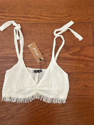 NWT Nasty Gal Crinkle Fringe Hem Bralette Size Crop Top Size Small Size 4 Cream thumbnail 16