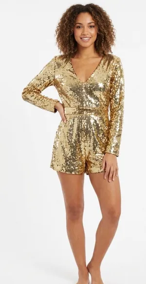 HAODUOYI Gold Sequin V-Neck Long Sleeve Party Romper - Size Medium thumbnail 1