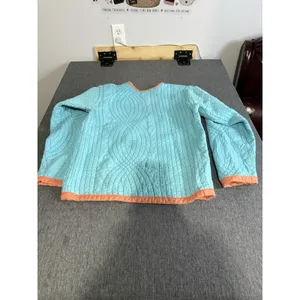 Handmade Women's Quilt Crewneck Light Blue With Coral Trim Sz M Cottage Core thumbnail 7
