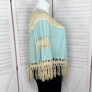UMGEE Boho Peasant Crochet Fringe Hem Triangle Top‎ Teal Green Tan Large Hippie thumbnail 4