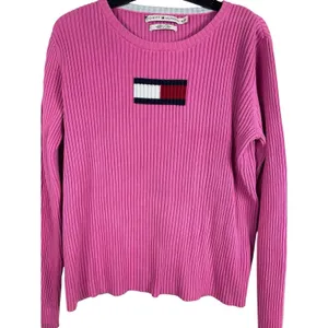 Tommy Hilfiger Ribbed Knit Sweater Womens XL Pink Flag Logo Y2K Preppy FLAW thumbnail 2