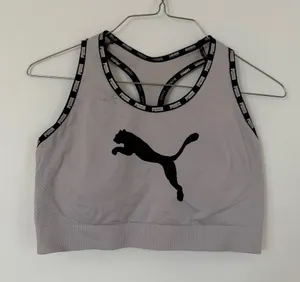 Puma Light Gray Crop Sports Bra with Black Logo thumbnail 1