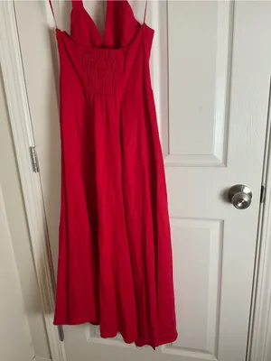 Zara Red Linen Blend Halter Midi Dress Size S Cowl Neck Tortoiseshell Buttons thumbnail 10