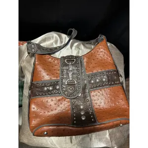 Western Ostrich Croc Embossed Studded Hobo Shoulder Bag Cognac Brown Horsebit‎ thumbnail 2