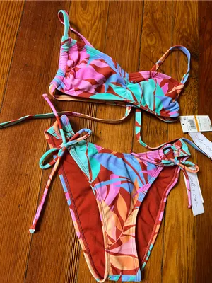 Salt + Cove Multicolor Tropical Leaf Bikini in Pink, Teal & Orange thumbnail 4