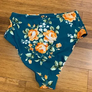 Cupshe Bikini Bottoms Womens Large Teal Floral High Waisted Rose‎ Print Swimwear thumbnail 2
