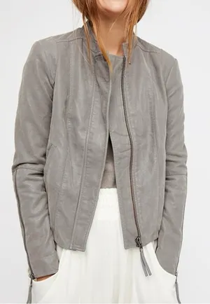 FREE PEOPLE Cool & Clean Faux-Leather Jacket Ribbed Knit Insets Zip Cuffs Size thumbnail 1
