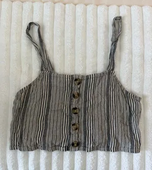American Eagle Outfitters Striped Button-Front Cropped Tank Top - Black & Cream thumbnail 1